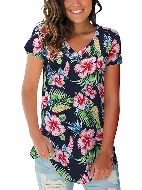 hawaiian shirts for women ladies tops summer short sleeve v blue size