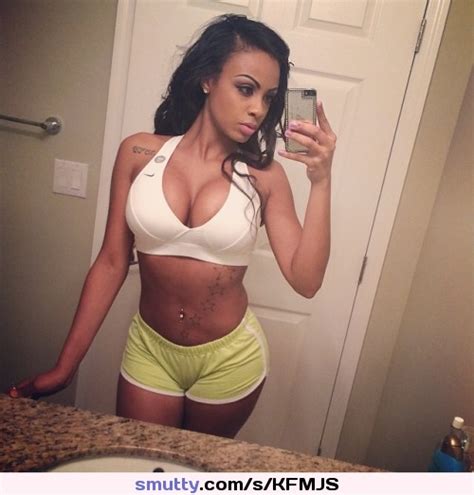 Sexy Black Girl In White Sports Bra And Shorts Selfie