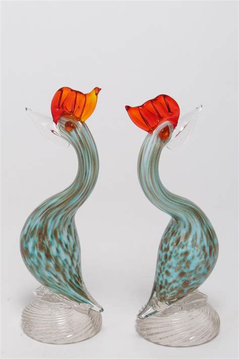 Murano Aventurine Glass Birds Venetian Pair