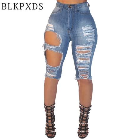 Fashion Summer Holes Ripped Torn Elastic Skinny Destroyed Sexy Mid