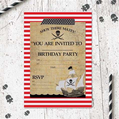 pirate birthday party invitations pack    heart invites