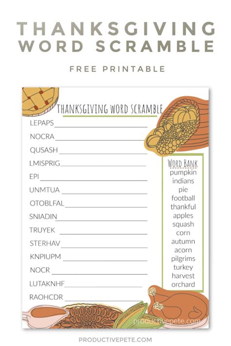 printable thanksgiving word scramble  kids productive pete