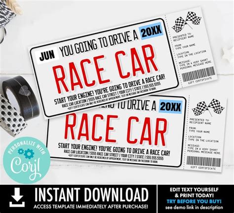 race car surprise ticket gift voucher license plate voucher vacation