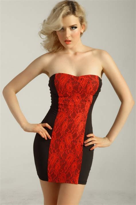Black Red Strapless Lace Accent Sexy Party Dress Sexy