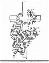 Lent Coloring Cross Crown Thorns Palms Palm Branches Catholic Thecatholickid Printables sketch template