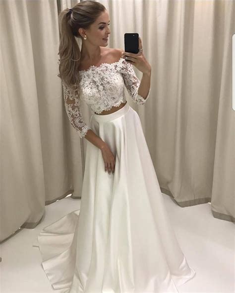Boho Style Lace Sleeved Two Piece Wedding Dresses Beach