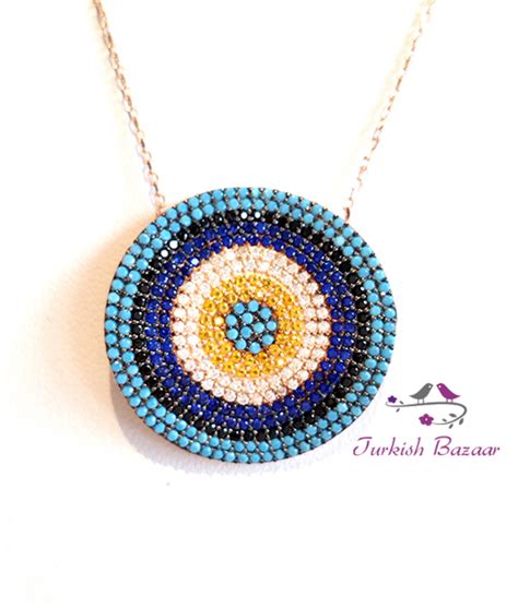 turkish evil eye silver necklace with nano turquoise stones turkuaz tasli nazar boncuklu gumus