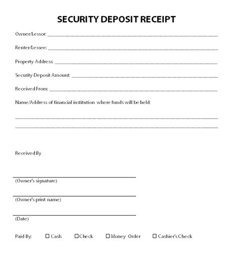 security deposit receipt template   form
