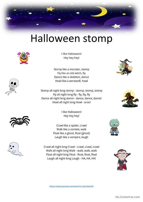 halloween stomp song lyrics activi english esl worksheets
