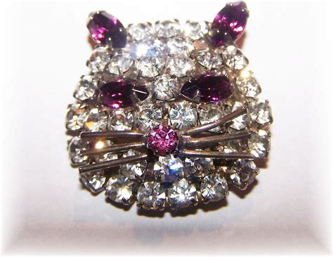 Pussy Cat I Love You Sweet Vintage Rhinestone Cat Face Pin Brooch