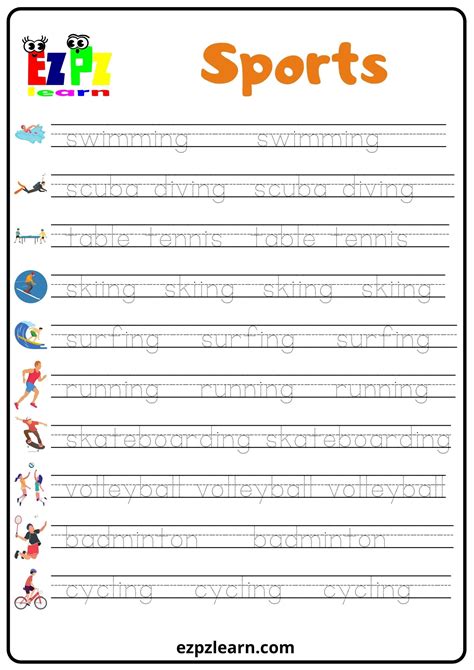sports set word tracing worksheet ezpzlearncom