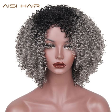 Aisi Hair Synthetic Wigs Long Afro Kinky Curly Ombre Black Gray Hair