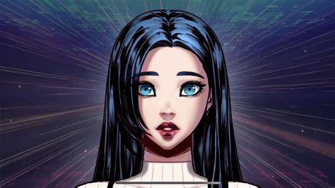 an animated woman with long black hair and blue eyes standing in front