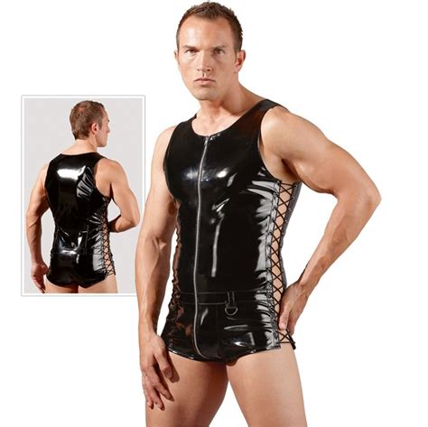 men sexy shiny pvc faux leather bodysuit sexy vest zipper open black