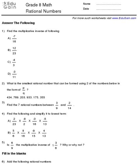adding  subtracting rational numbers worksheet  grade