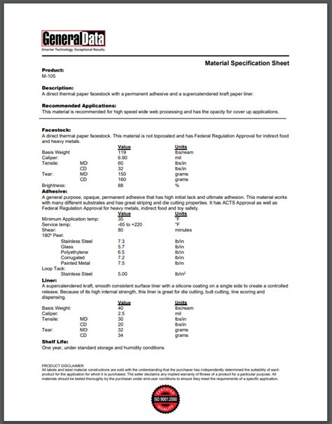 material specification sheet