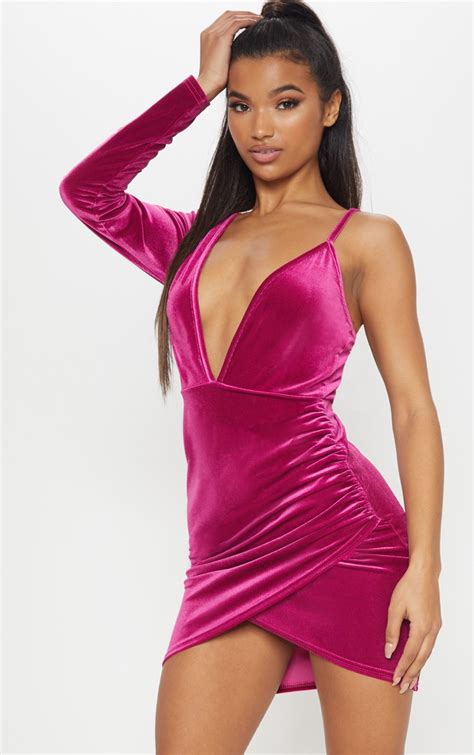 Hot Pink Velvet Dress Dresses Prettylittlething