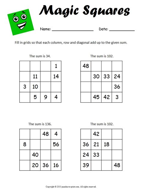 magic square worksheets