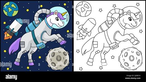 unicorn astronaut  space coloring page colored stock vector image