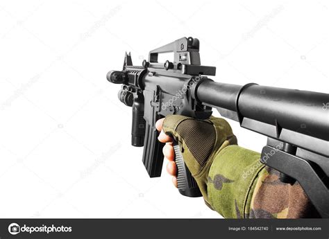person view soldier hand holding automatic rifle side view stock