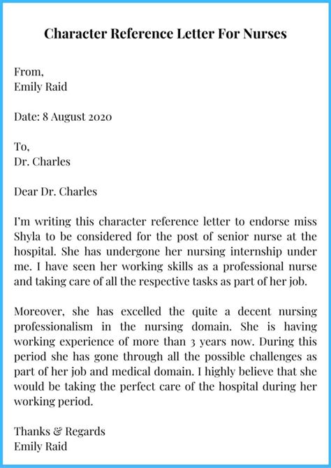 professional character reference letter  nurses samples