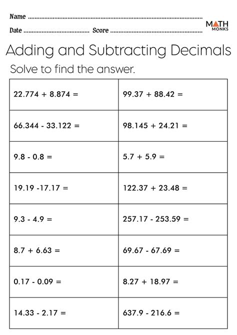 adding  subtracting decimals worksheets answer key worksheets