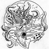 Attacking Kraken Squid Kracken Sail Attack Doodle Mermaid sketch template