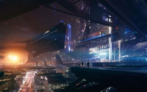 Future City Lights Space Futuristic Spaceship Fantasy