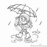 Girl Coloring Rain Outline Walking Umbrella Cartoon Joyful sketch template