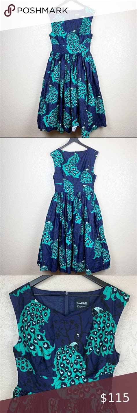 modcloth fit and flare peacock 🦚 midi length dress mod cloth dresses
