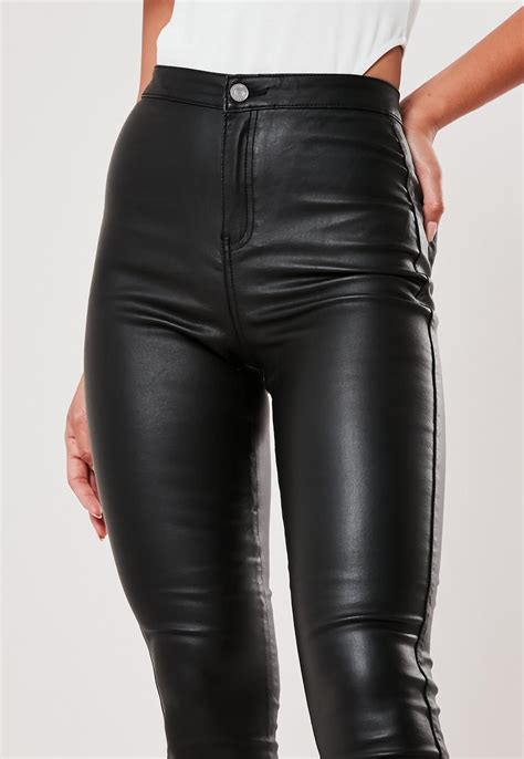 missguided black vice high waisted coated skinny jeans   black leather jeans leather