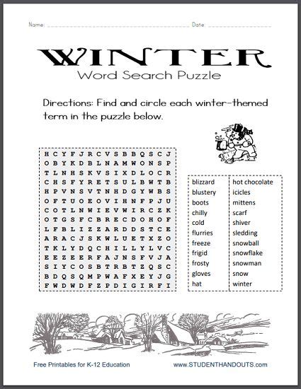 winter word search puzzle   print  file winter words