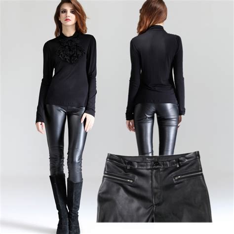 leather calf skin fashion trousers tight elastic repair zipper pu pants