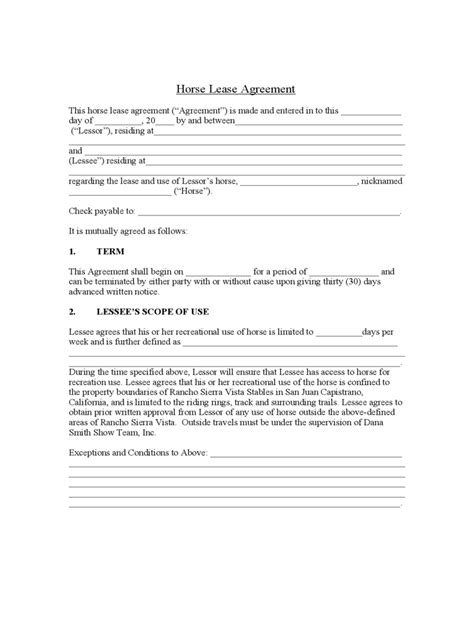 horse lease agreement   templates   word excel