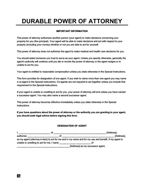 printable durable power  attorney template printable templates