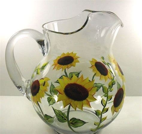 Glass Pitcher Hand Painted Sunflowers Sunflower Kitchen Decor