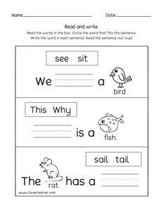 learn  read  write short words  sentences activity sheets  kindergarteners