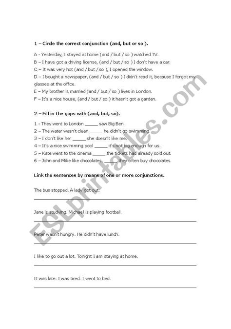 conjunctions esl worksheet  teacherquijote
