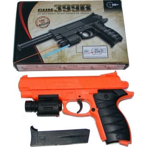 399b spring powered 21cm orange black plastic bb gun pistol with fitted torch