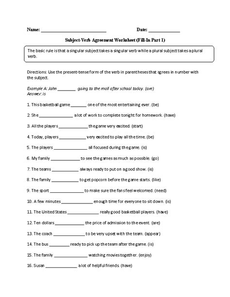 subject verb agreement worksheets sentences  subject verb
