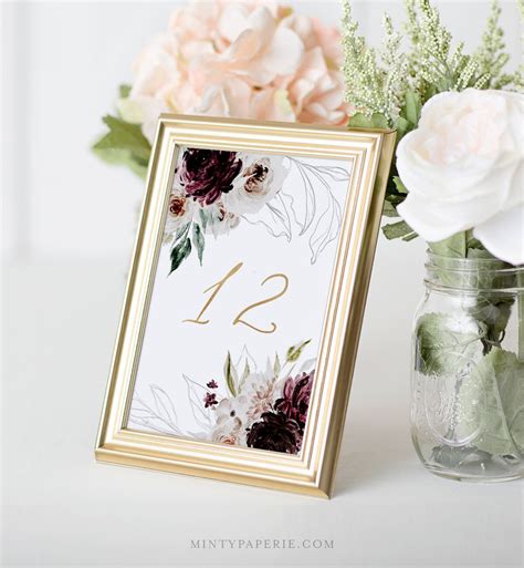 wedding table number template printable ethereal moody burgundy floral