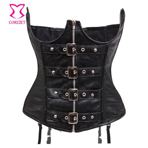 black faux leather zipper waist cincher waist training corsets steel