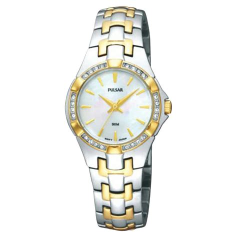 pulsar two tone stainless steel crystal mop dial quartz ladies watch