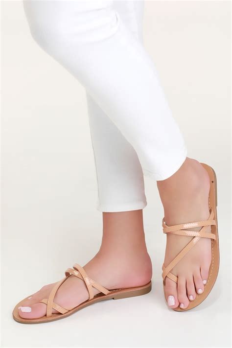 Cute Nude Patent Sandals Patent Flat Sandals Strappy Sandals Lulus