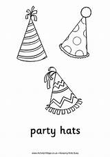 Hats Party Colouring Birthday Coloring Pages Happy Hat Year Activityvillage Printable Simple Easy Three Birthdays Streamers Sheets Blower Parties Word sketch template