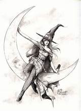 Witch Drawing Drawings Tattoo Coloring Halloween Moon Sketches Witches Pencil Pages Wicked Fairy Vintage Adults Choose Board Sorcière Fantasy Pen sketch template
