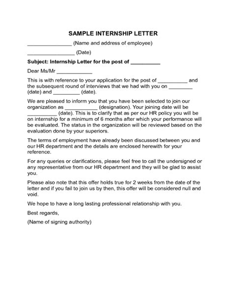 internship letter templates fillable printable  forms