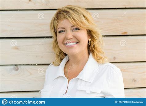 Portrait Positive Mature Middle Aged Woman Smiling Close Up Blonde