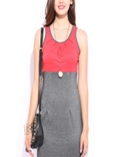 Buy Dressberry Coral Red And Charcoal Grey Cling Berry Dress Dresses