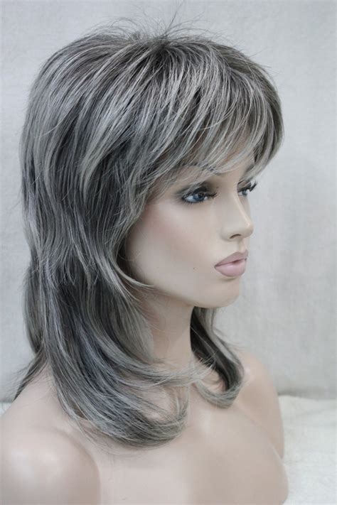New Women S Wig Medium Length Grey Layered Shoulder Long Synthetic Hair